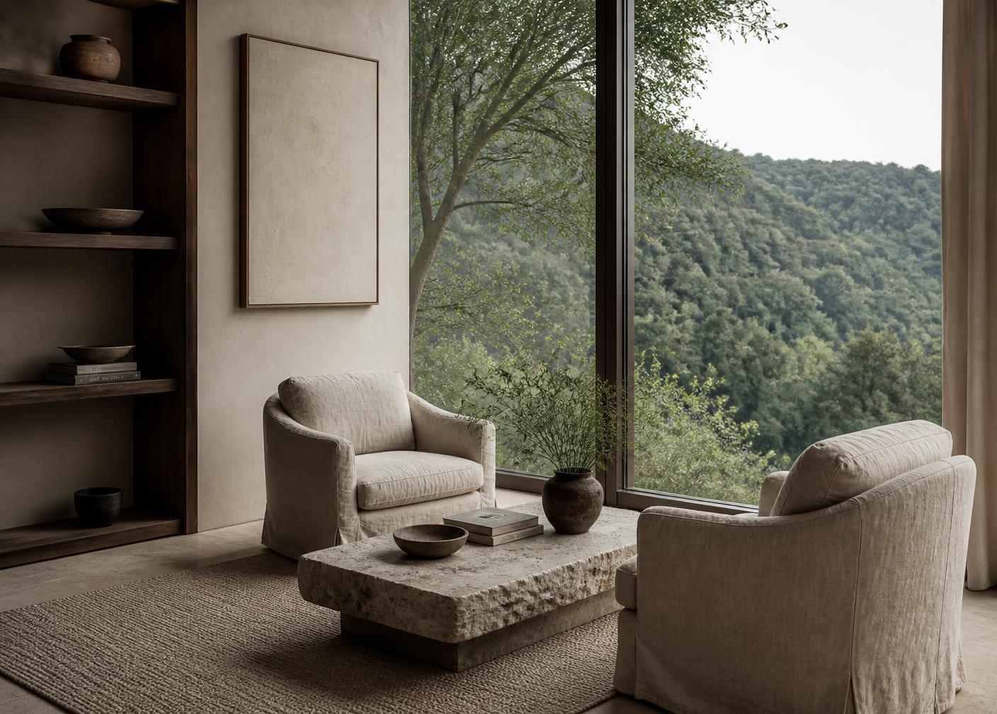 A quiet consultation room overlooking a forested valley