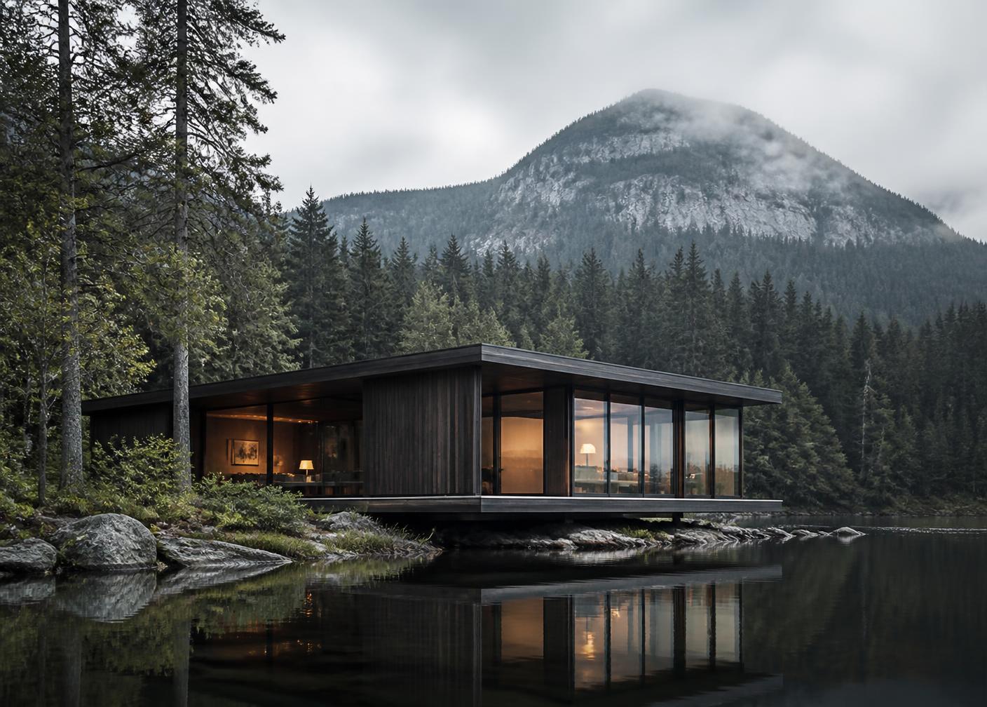 A timber pavilion beside a lake in forested mountains