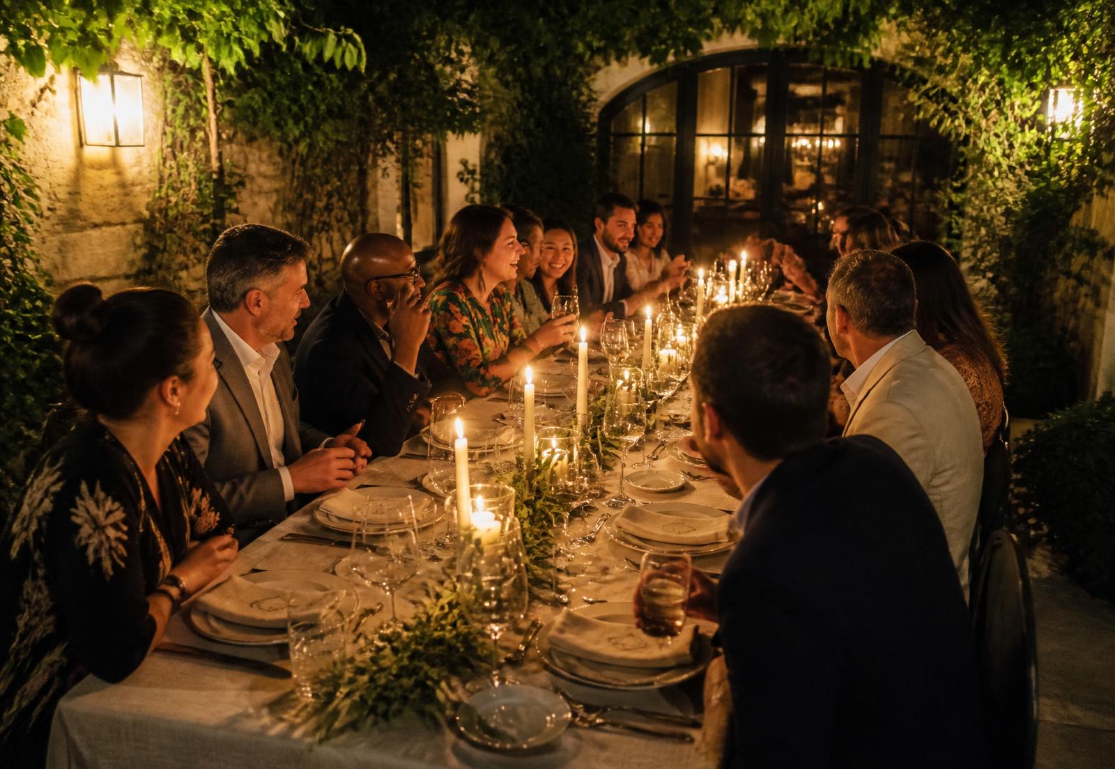 Guests in conversation at a candlelit private dinner in a garden courtyard