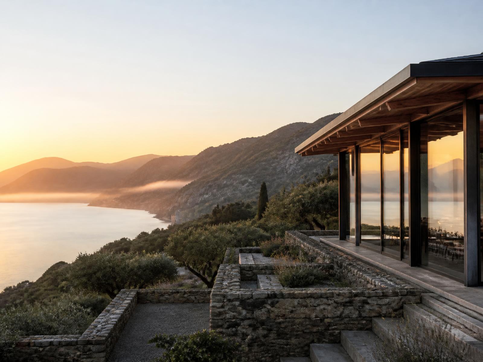 A glass and timber pavilion above a misty lakeside at sunrise
